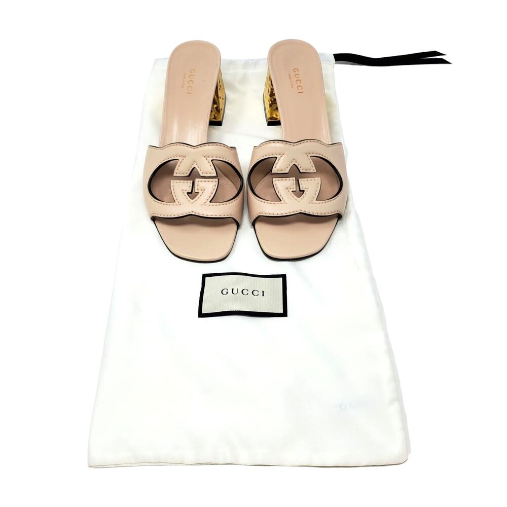 Gucci Sandals Interlocking G Cut-Out Leather Light Nude Gold Heel Size 37 US 7 - Picture 2 of 11